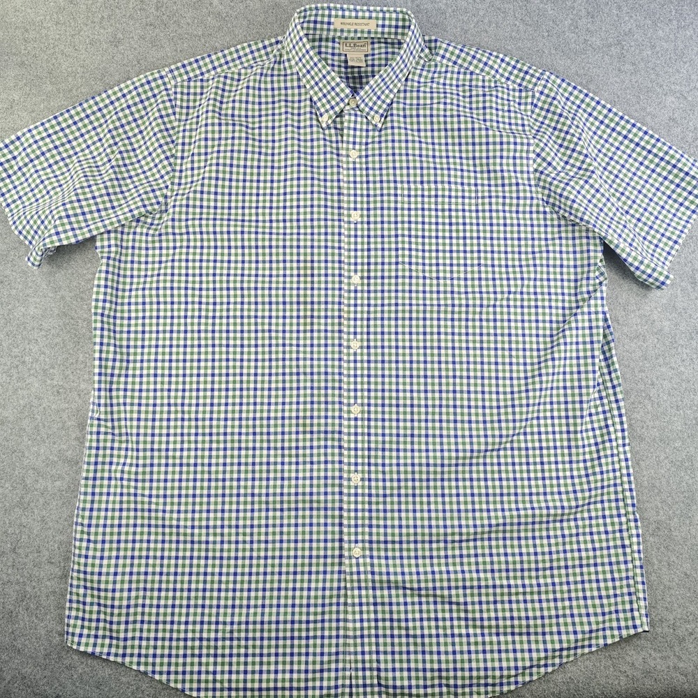 LL Bean Shirt Mens 2XL Tall 2XLT Blue Green Check Short Sleeve Button Down